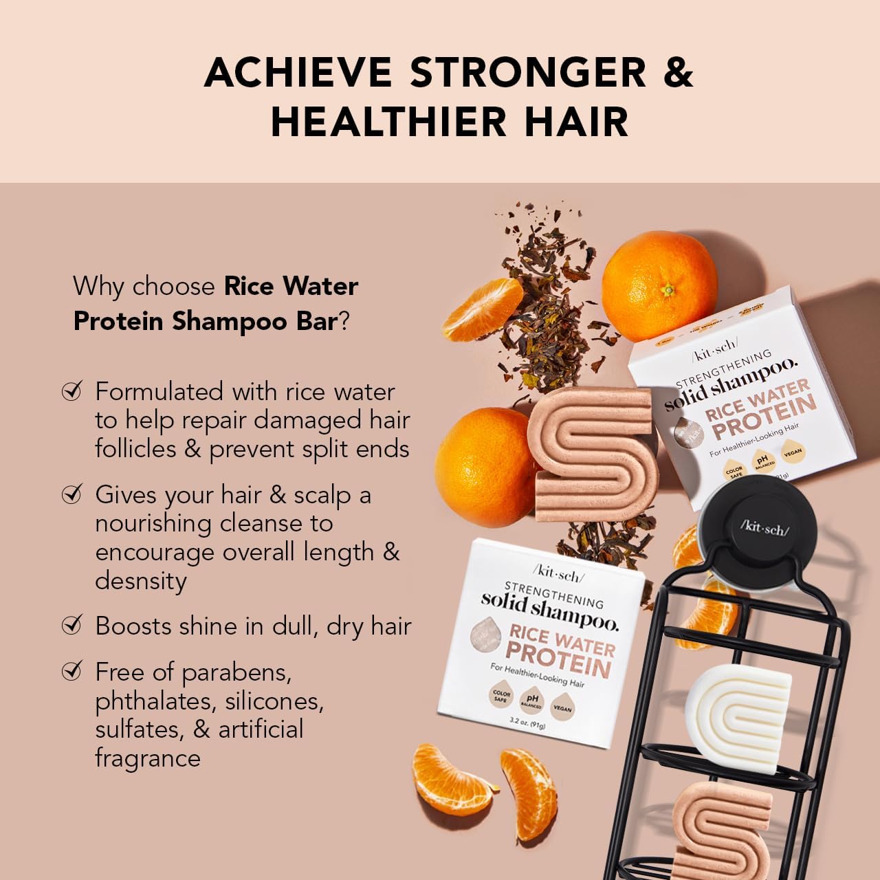 Kitsch Rice Bar Shampoo & Conditioner Set - Solid Shampoo & Conditioner Bar Set for Strengthening Hair, Paraben-Free, Rice Water Shampoo Bar & Conditioner Soap, Made in USA, 2pcs
